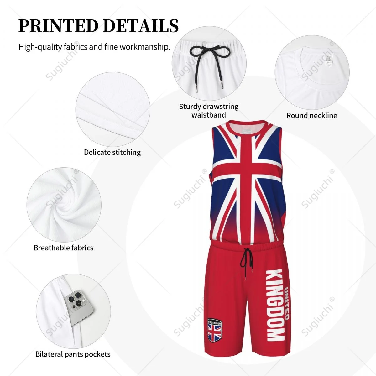 Men United Kingdom Flag UK Great Britain Basketball Jersey Set Mesh Shirt & Pants Sleeveless 5