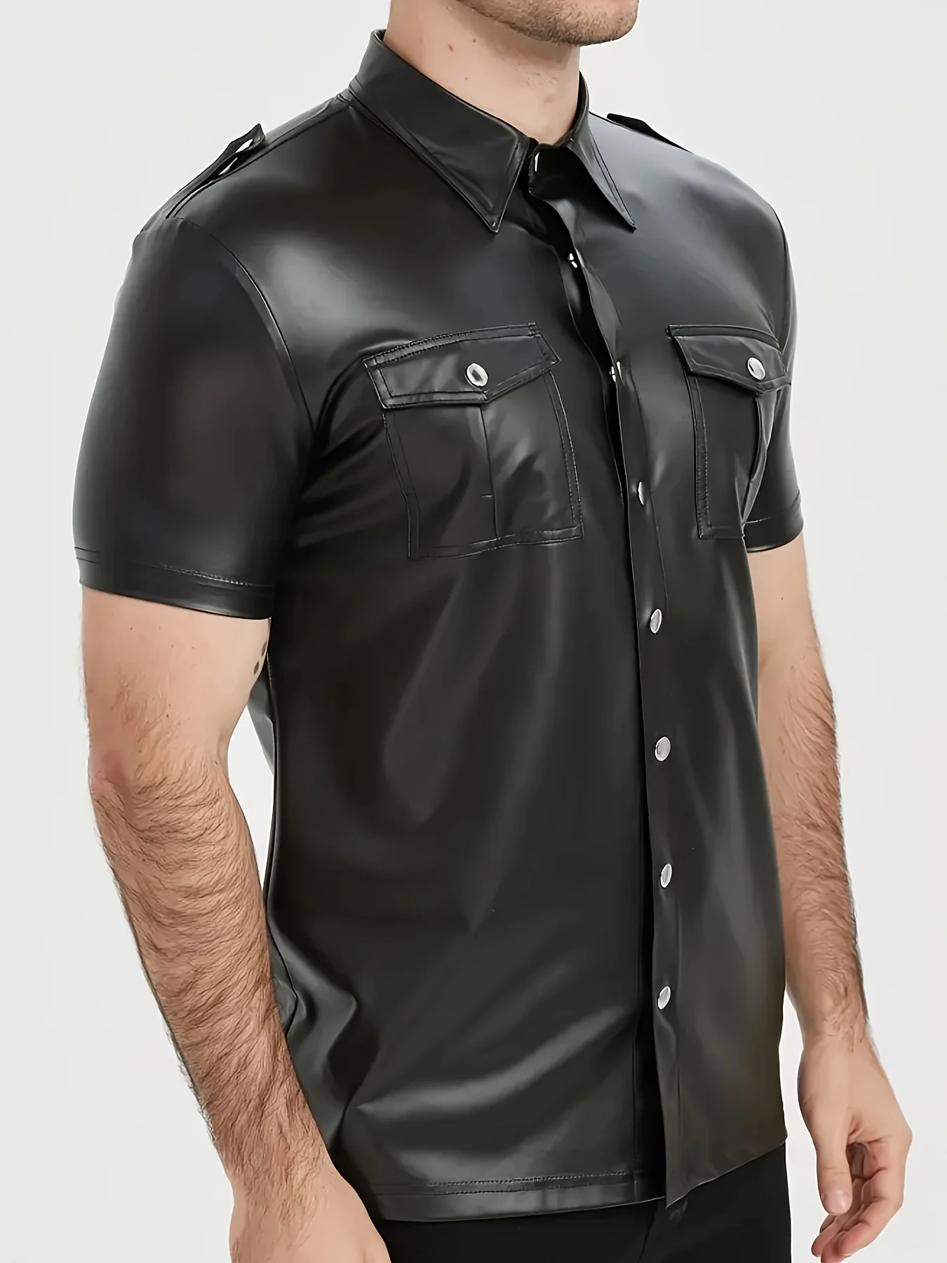 Men's PU leather short-sleeved street style button-down motorcycle shirt - formal party, daily wear, club attire