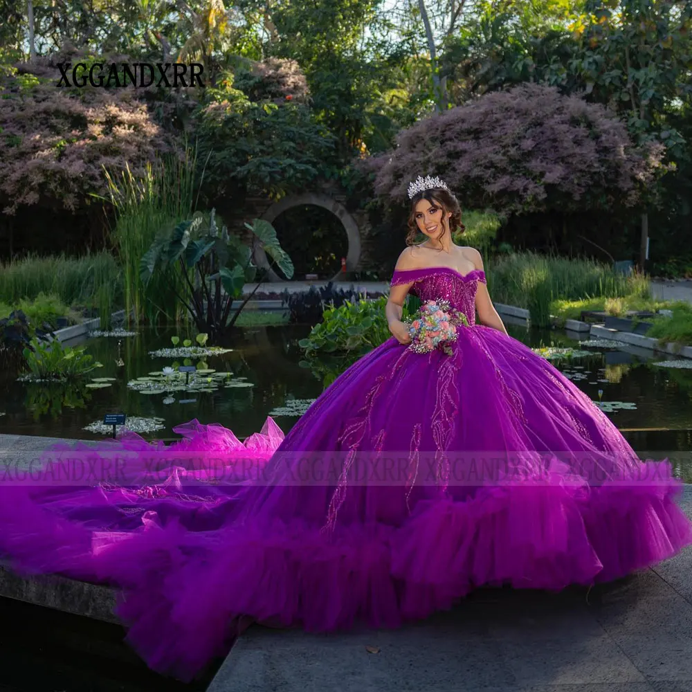 Lavender Ball Gown Quinceanera Dress 2024 with Long Train Beading Purple Ruffles Sweet 16 Dress 15 Birthday Vestidos De XV Años