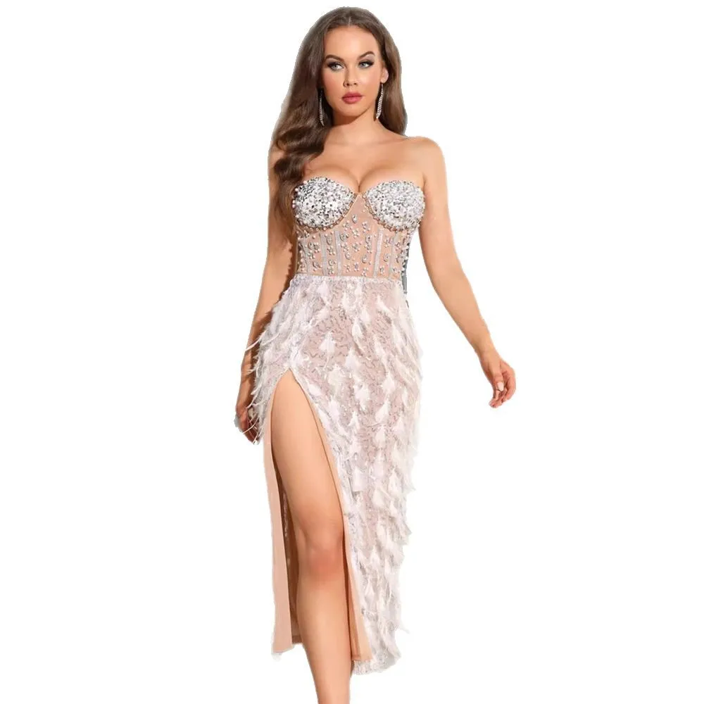 Couture Feather & Crystal-Embellished Gown – Sheer Panel Bustier with Thigh Slit for Black-Tie Galas & Extravagant Soirées