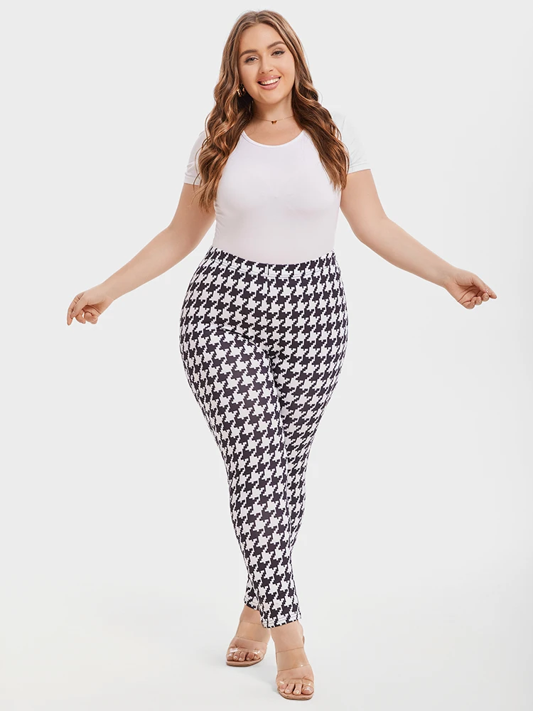 Plus Sized Clothing Houndstooth Print Summer Spring Leggings High Elastic Waist Skinny Pencil Pants Female Capri Pants