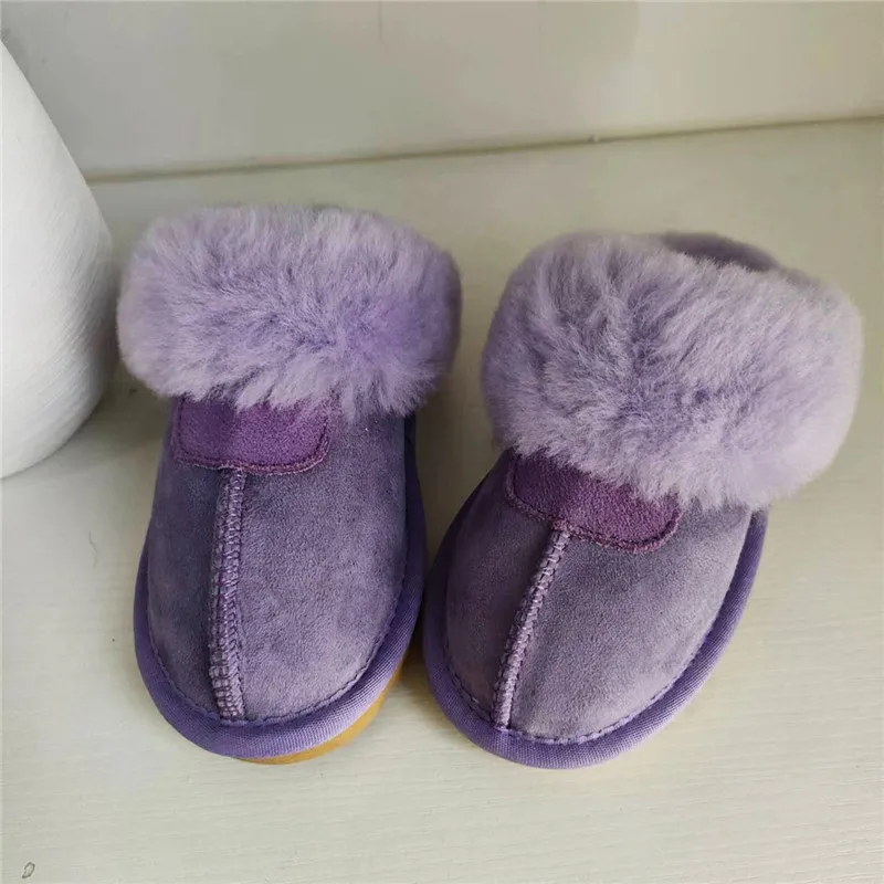 Boys Girls 2022 Natural Sheepskin Fur Slippers Child Winter Slippers Childern Warm Indoor Slippers Soft Wool Home Slippers