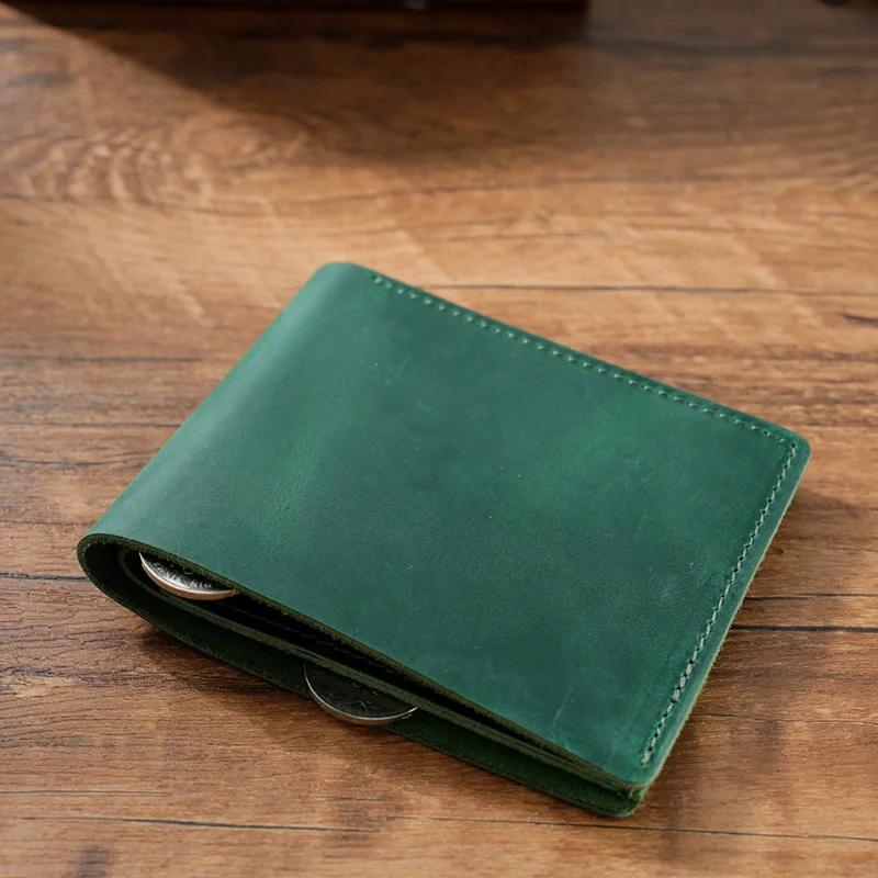 Venta caliente logotipo personalizado estilo Simple hecho a mano de cuero de grano completo conjunto de billetera de regalo Crazy Horse hombre Cartera de cuero de vaca genuino