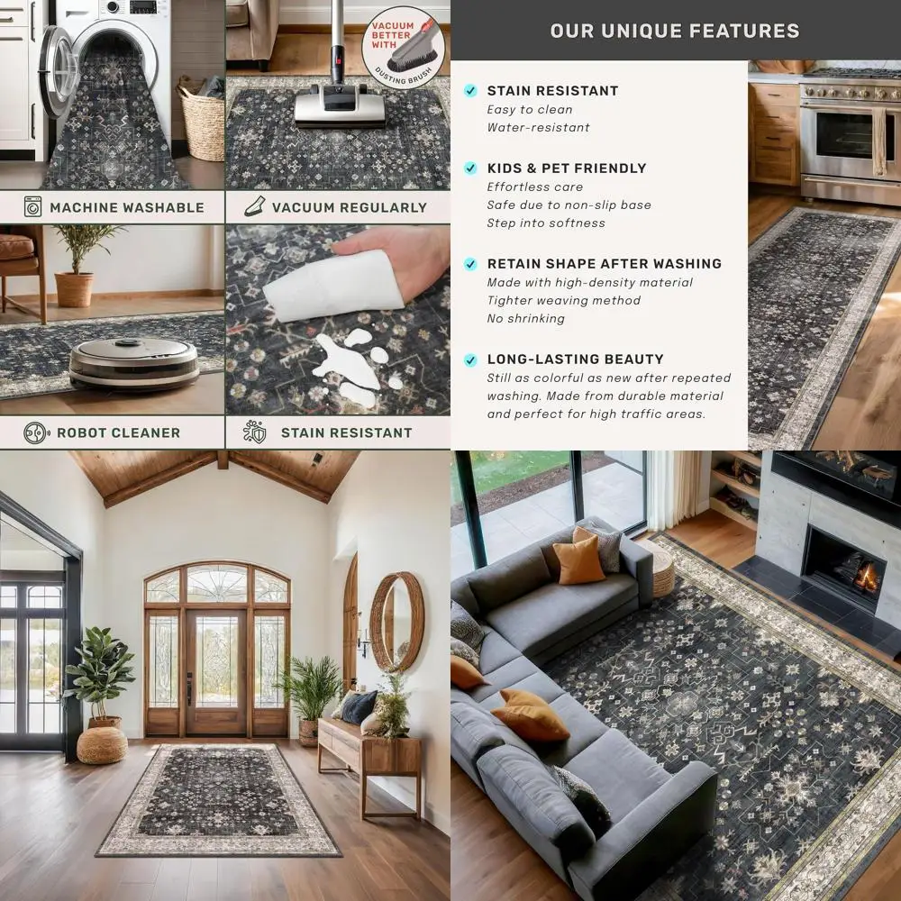 

Винтажный темный ковер в стиле бохо 5x7, моющийся, с низким ворсом, нескользящий, для домашнего декора