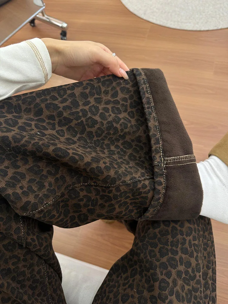 Fleece Lined Thickened American Style Leopard Print Denim Jeans Women's Autumn Winter plus Size Loose Slimming Wide Leg Pants