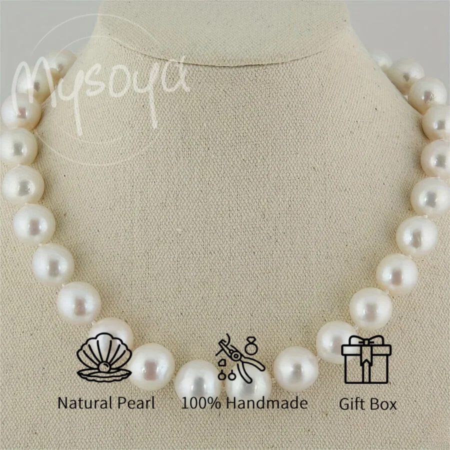 

MYSOYA 11-13mm White Edison Freshwater Pearl Necklace Diamond Accented Round Clasp Gift Box Perfect Gift For Wedding Birthday