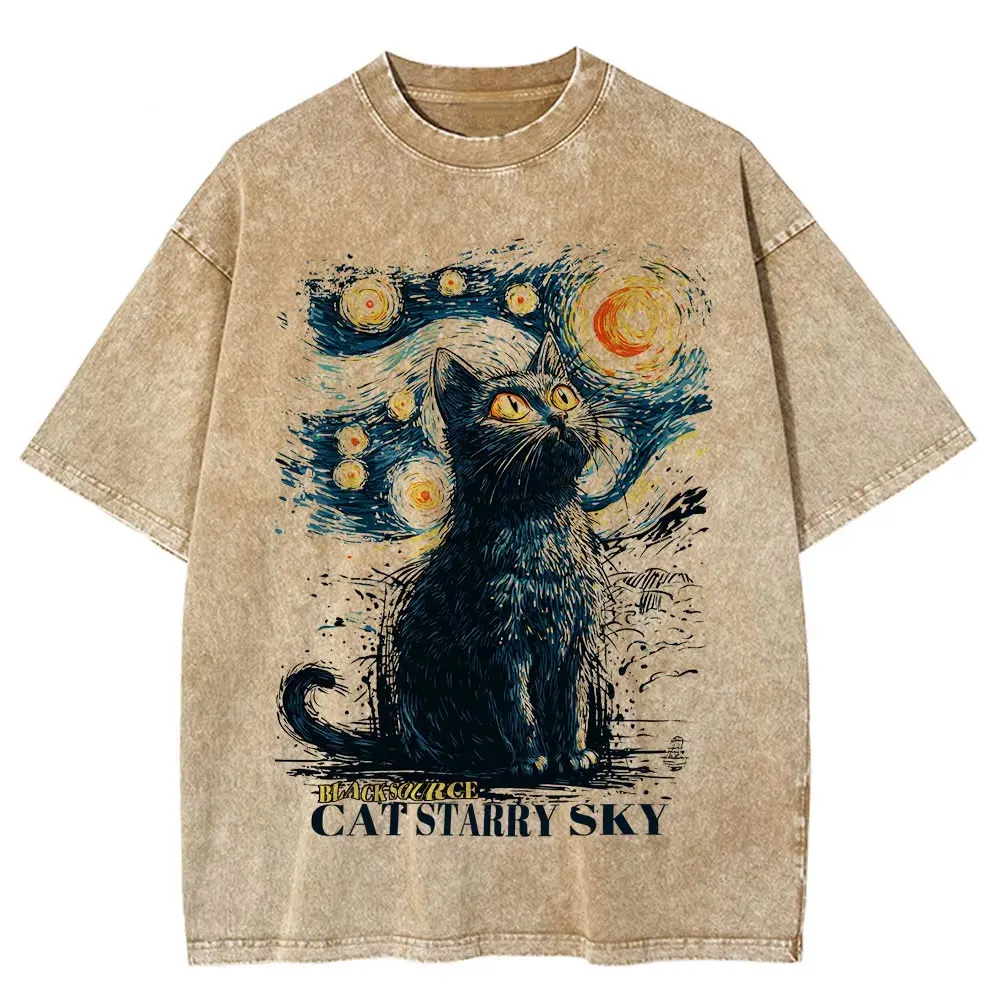 Funny Black Cat Starry Sky Night Vintage T-shirt for Men and Women, Short Sleeve Cotton Round Neck T-shirt, Casual Graphic