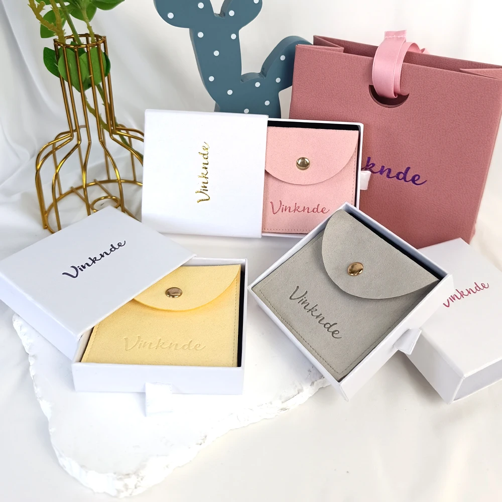 

Custom Logo Jewelry Packaging Slide-Drawer Paper Gift Box for Necklace Ring Earrings Wedding Party Gift Microfiber Button Bags