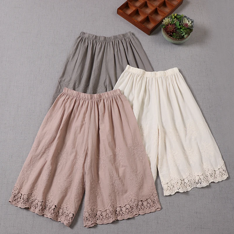 Japanese Sweet Mori Girl Emboridery Hollow Out Thin Cotton Pants Women Summer Elastic Waist Casual Loose Knee Length Pants