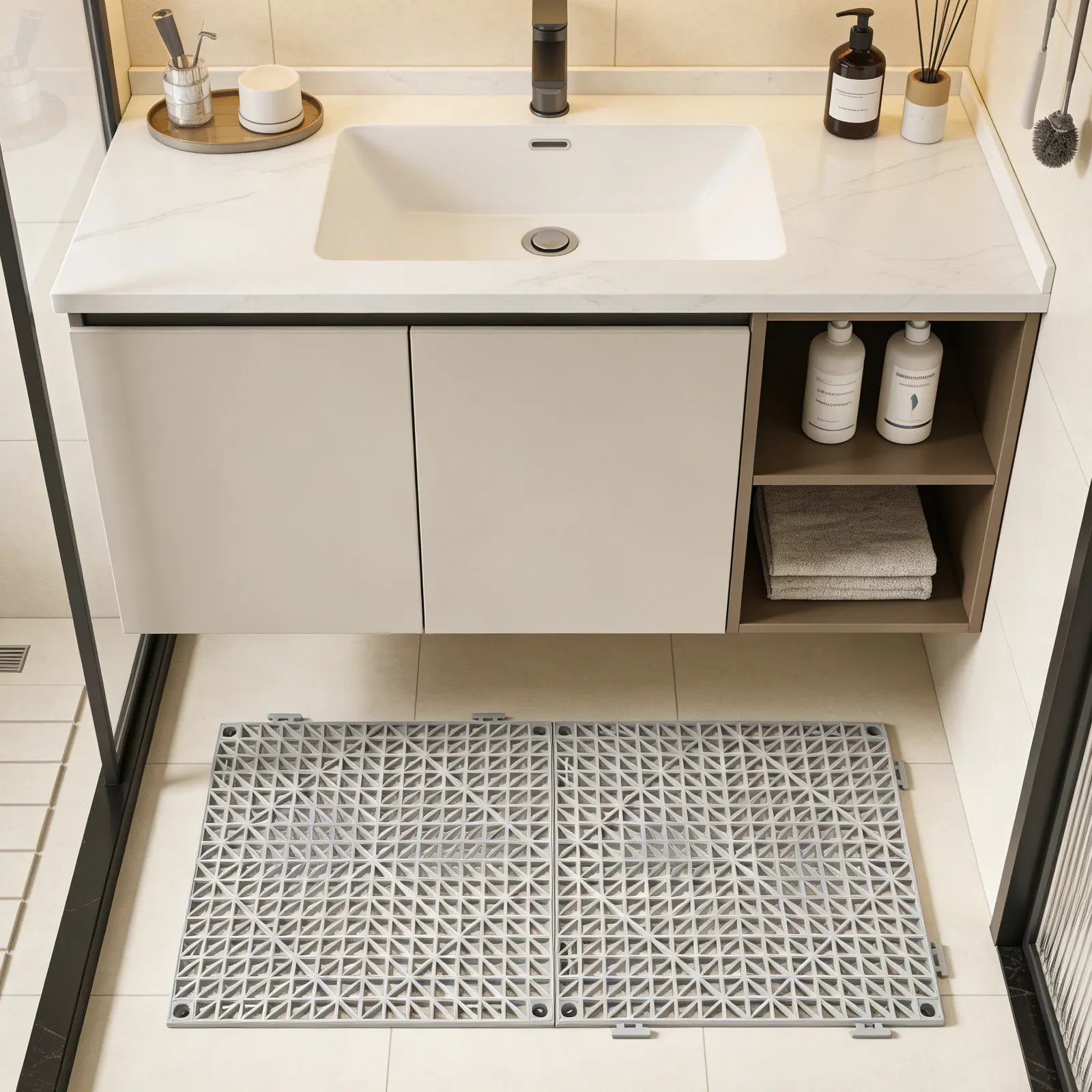 2Pcs Bathroom Interlocking Floor Mats Tiles 30x30cm Anti-Slip Modular Drainage Mat for Shower Pool Deck Patio Garage Use