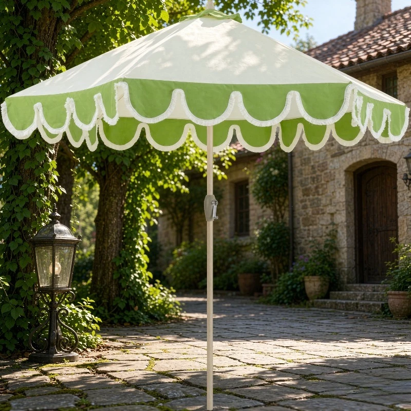 9ft Scalloped Fringe Patio Umbrella Vented Wood Pole Button Tilt Water Resistant Fade Resistant Foldable Canopy for Garden