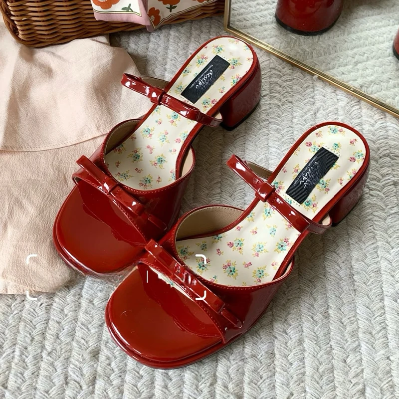 

High Heels Women Slippers Bow Chunky Heeled Shoes Dress Fashion Woman Sandals 2025 New Designer Pumps Luxury Sandalias De Mujer