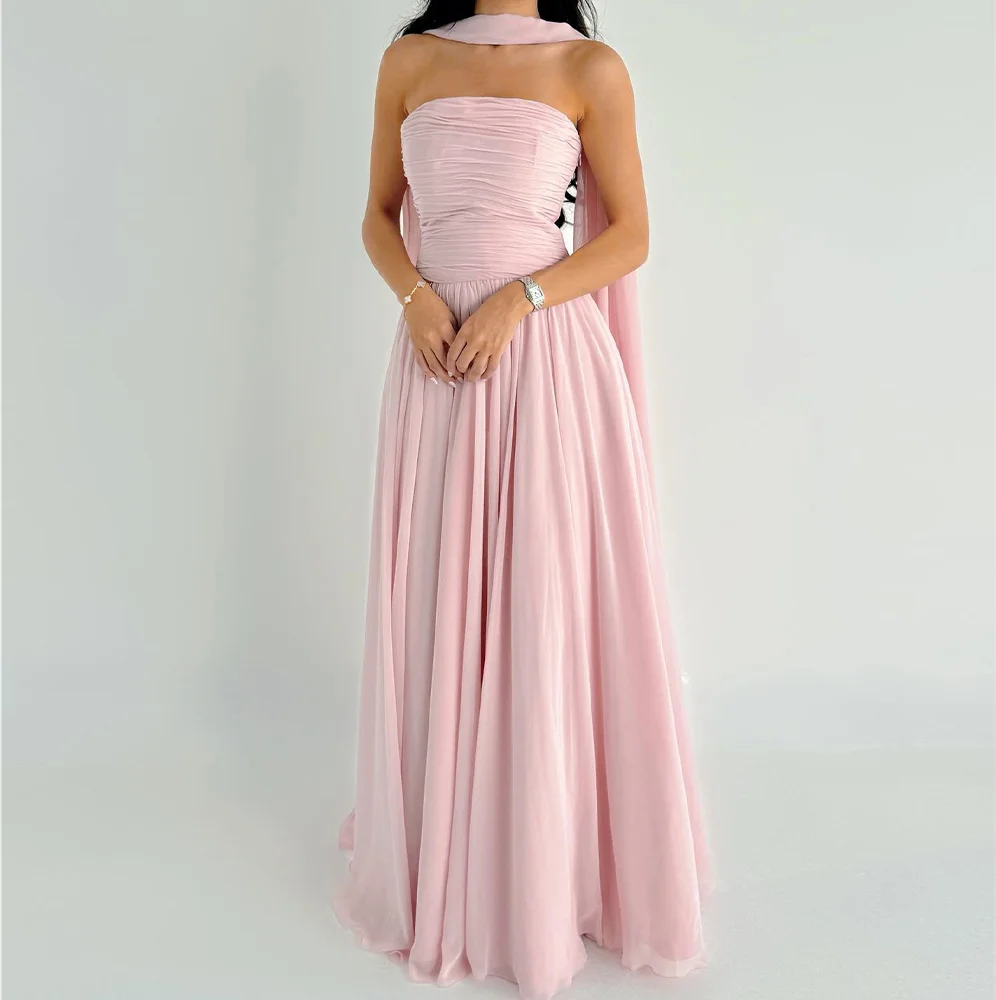 

Customized High Quality A-Line Floor Length Strapless Chiffon Ribbons Pleats Evening Dress Temperament vestidos para mujer