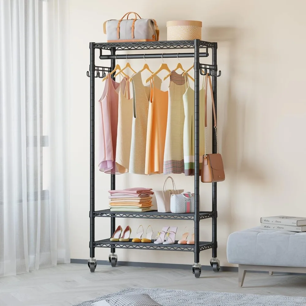 

R1 Medium Rolling Clothes Racks Portable Garment Rack for Hanging Clothes, 3 Wire Shelves with Wheels,Side Hooks, Black