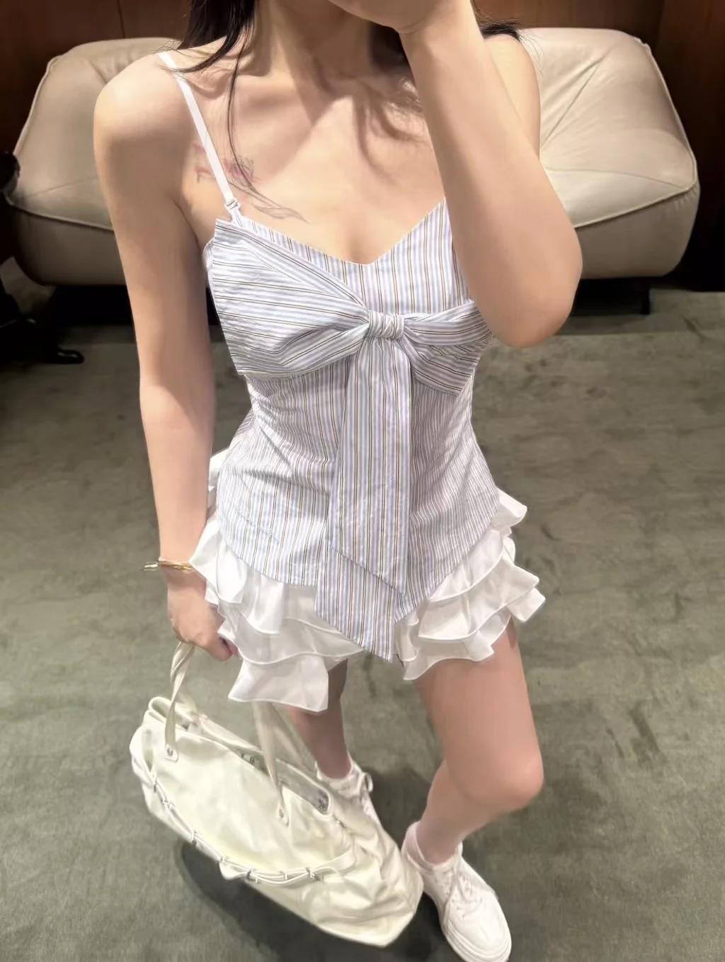 New French elegant blue and white striped camisole vest with a large bow on the front and an irregular top at the back for women