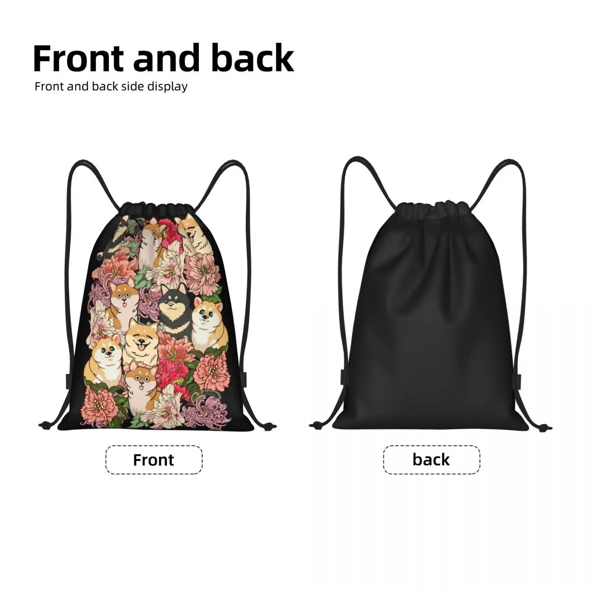 Shiba Inu Drawstring Bag Women Men Portable Gym Sports Sackpack Kawaii Japanese Dog and Flower Shopping Storage Backpacks