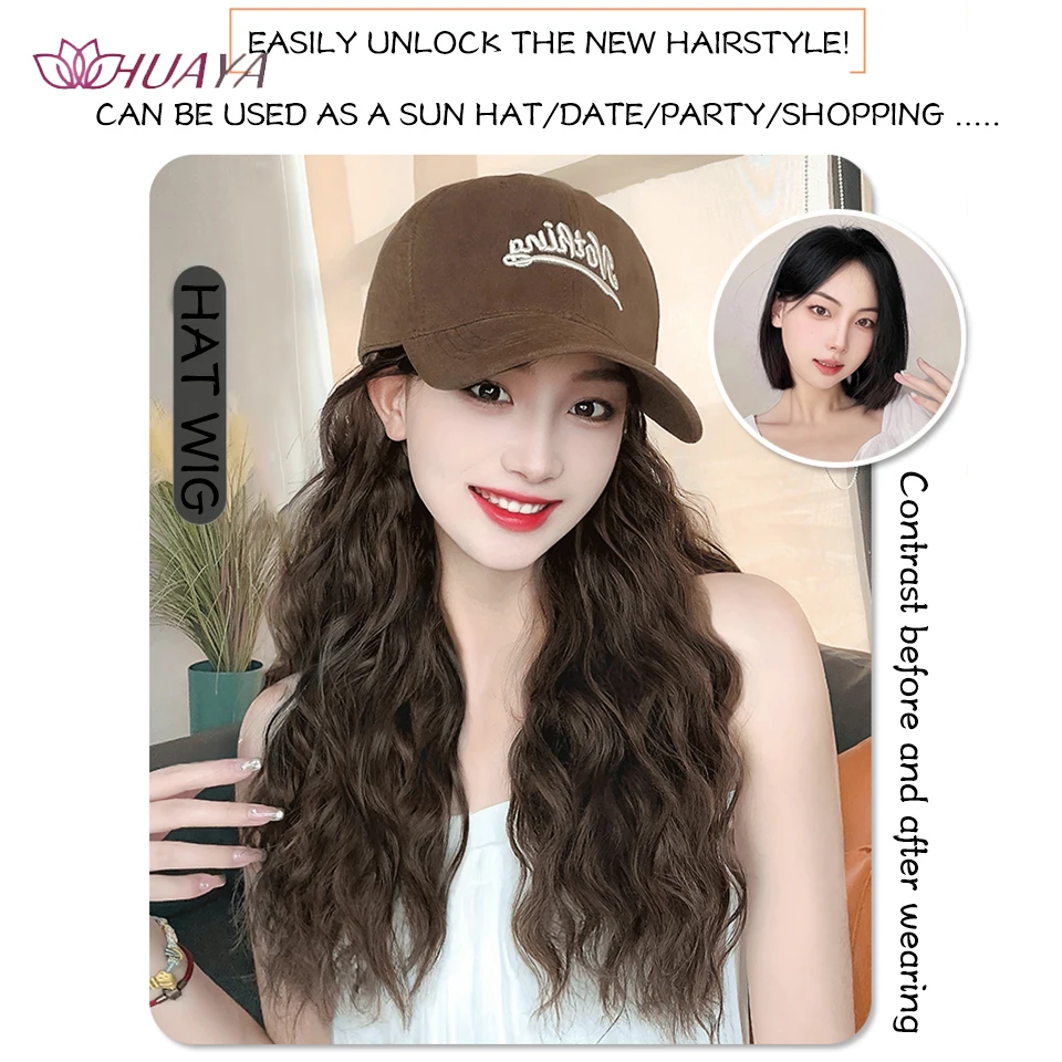 Long Corn Curly Hat Wig for Women Natural Brown Wigs Connect Synthetic Synthetic Baseball Cap Hair Hat Wig Adjustable Fake Hair