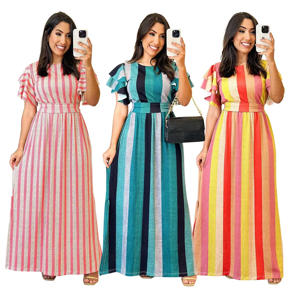 2025 Spring Summer New Women's Tie-front Slim-fitting Striped Retro Long Dress Casual Streetwear Boho Beach