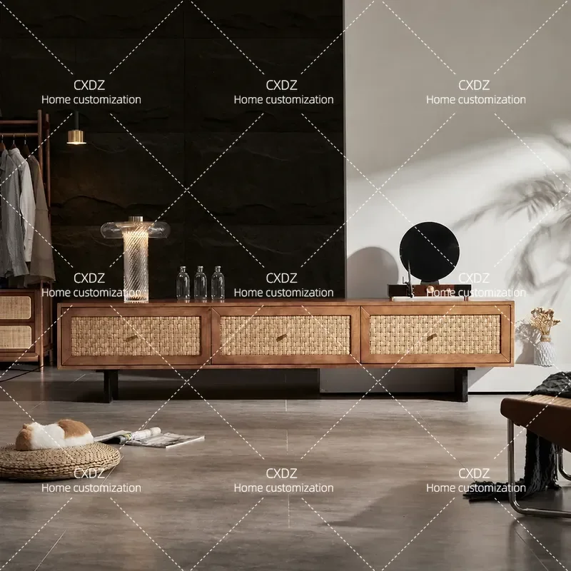 Nordic Modern Solid Wood TV Cabinet Japanese Rattan Ash Wood Living Room Floor Storage Locker Cabinet