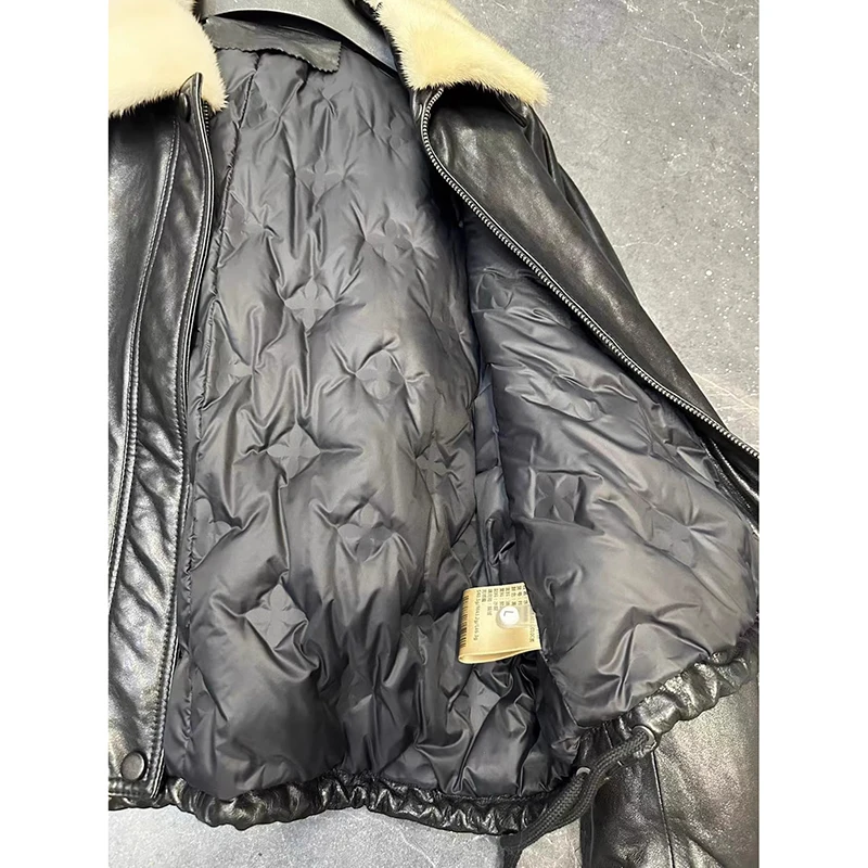 سترة جلدية حقيقية جديد الشتاء النساء الخضار دباغة النفط الشمع جلد الغنم الرباط فرو المنك طوق القهوة قصيرة أوزة أسفل معطف #3