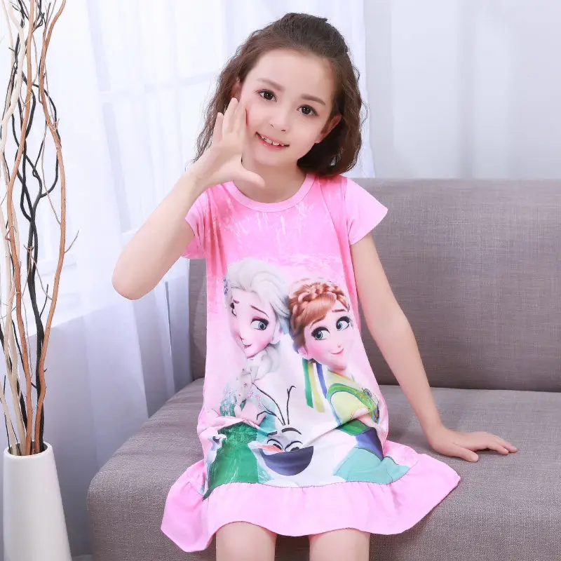 2024 Cartoon Anna Elsa Girls Dresses Pajamas Children's Clothing Short-sleeved Pajamas Dress Kids Suitable Nightdress Clothes