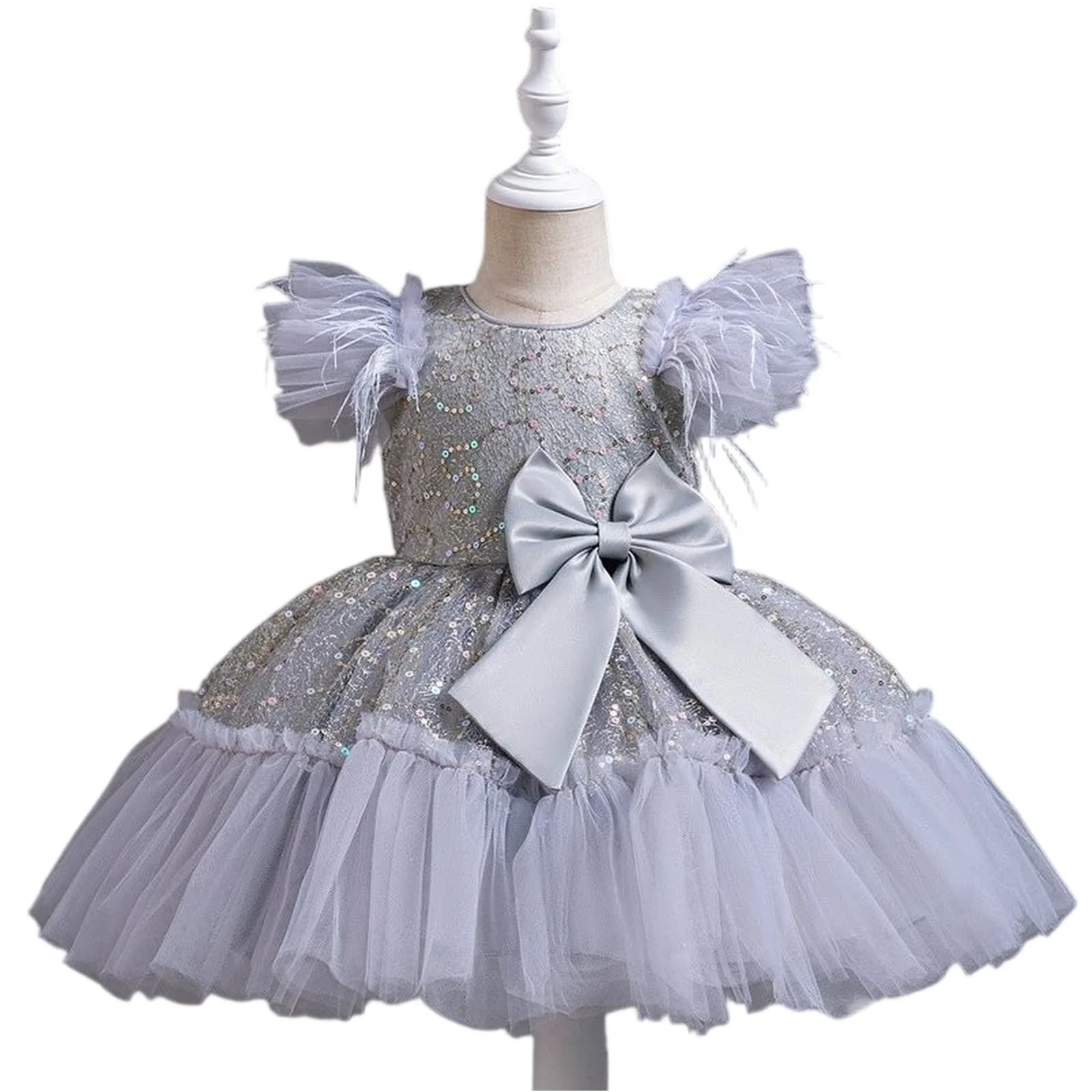 

Summer New Girl's Sequin Flying Sleeves Big Bow Mesh Spliced Dress Birthday Party Wedding Flower Girl Princess Dress 2025