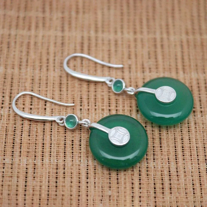 

Real Solid 925 Sterling Silver Dangle Women Green Chalcedony Coin Round Earrings