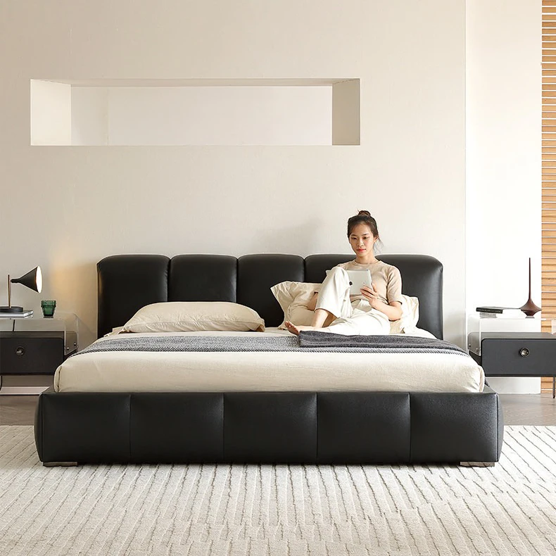 pm-Modern Minimalist Soft Upholstered Leather Bed Frame Wooden Metal Padded Headboard Customizable Size Color Eco-Friendly Bed