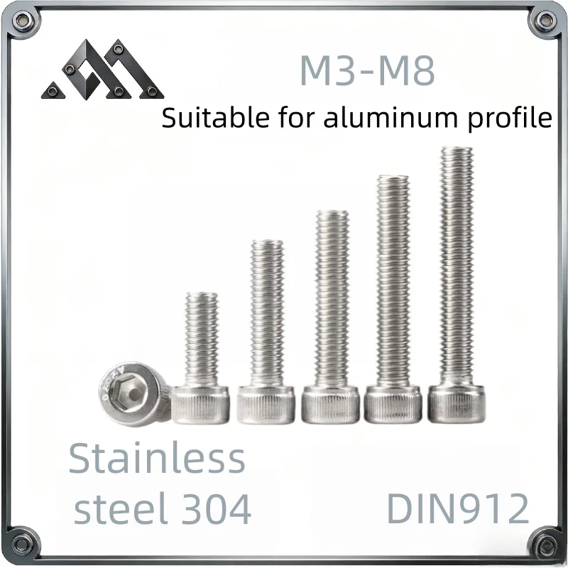 

DIN912 304 Stainless Steel Hex Socket Allen Head Cap Screw Bolt for 2020 3030 4040 Profiles M3 M4 M5 M6 M8 Kit Set 8 12 16MM