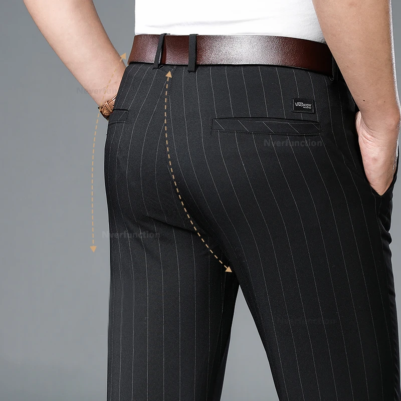 Fashion Striped Pants Men\'s Ultra-thin Summer New Business Casual Suit Pants Formal Work Straight Trousers Male Black Grey