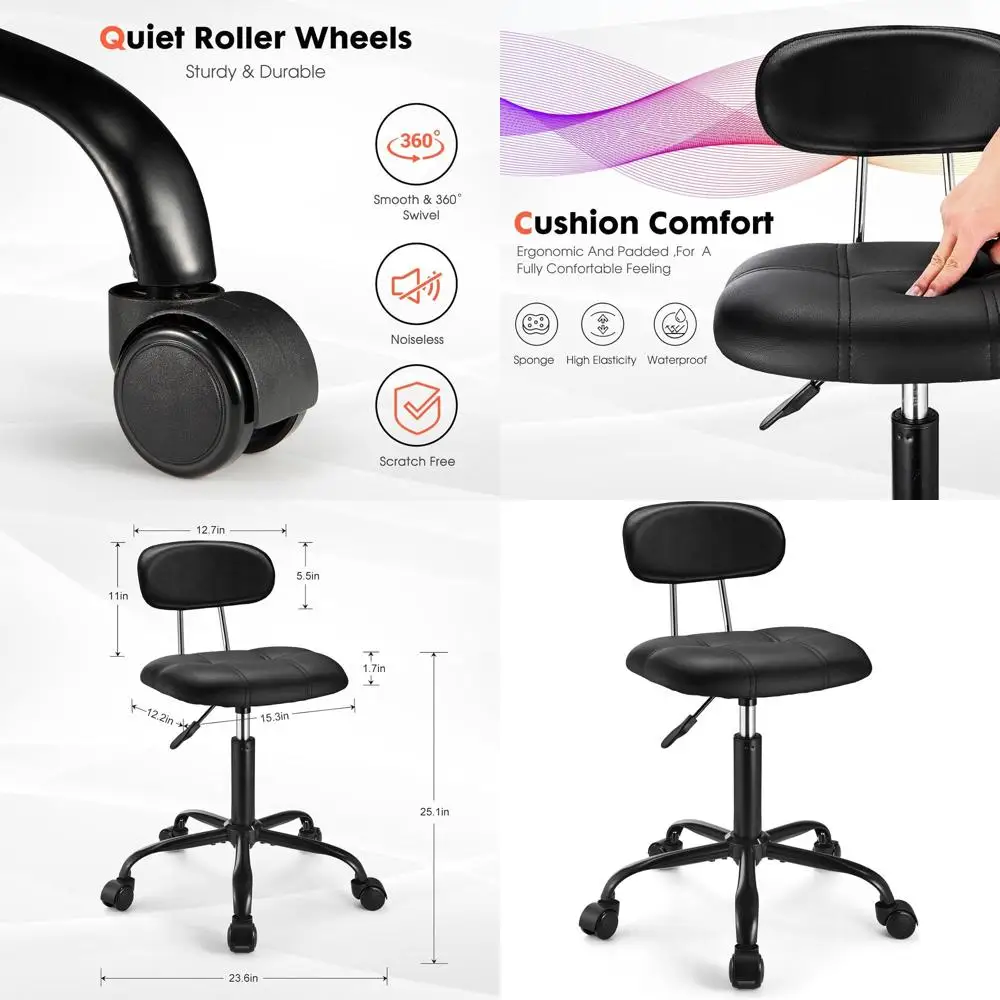 

Adjustable Height Swivel Stool with Backrest and Wheels, Stable Base, Black