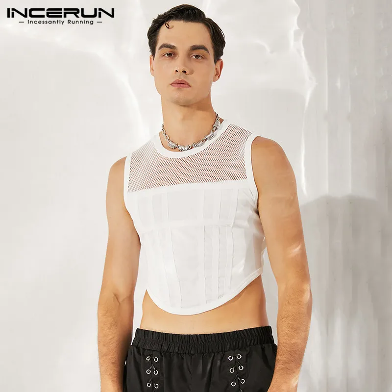 Men Tank Tops Mesh Patchwork O-neck Sleeveless Streetwear Transparent Vests 2024 Party Nightclub Sexy Crop Tops S-5XL INCERUN