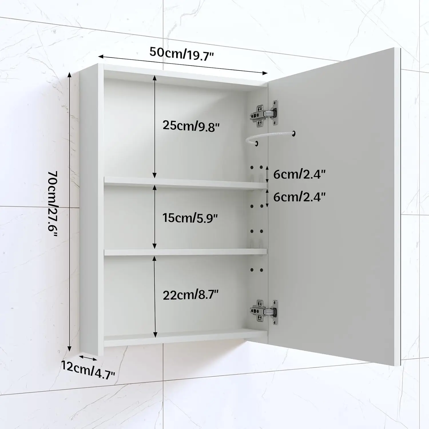 Gabinetes de medicamentos Espejo de baño Luces LED iluminadas Estante ajustable Desempañador de 3 colores 20 "x 28"