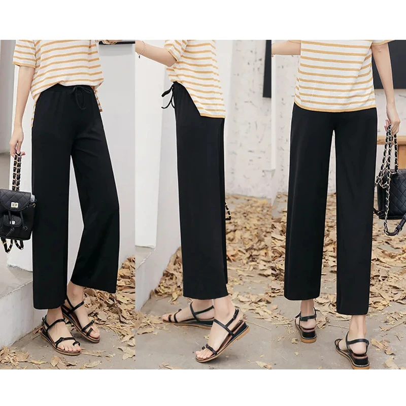 Women Wide Leg Long Pants Casual Solid Elastic Waist loose Ankle-Length Ice silk Pants Spring Summer female trousers