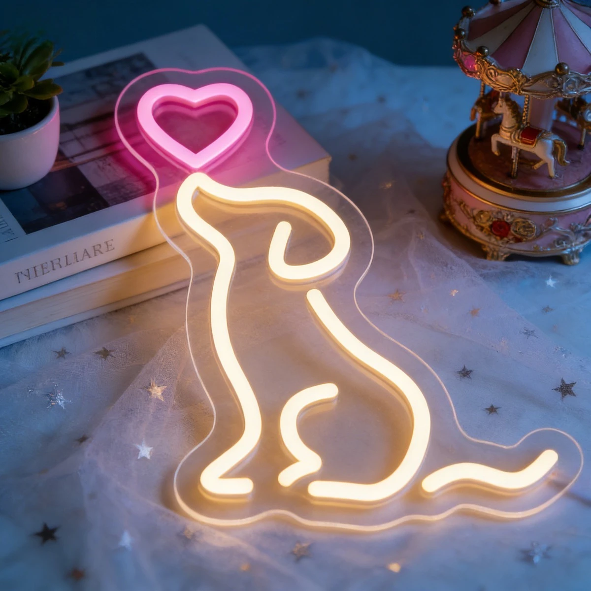 犬のハートネオンサイン、温かみのある黄色のledネオンライト、usb調光式、壁飾り、ペット愛好家へのギフト、寝室、子供部屋、動物ナイトライト