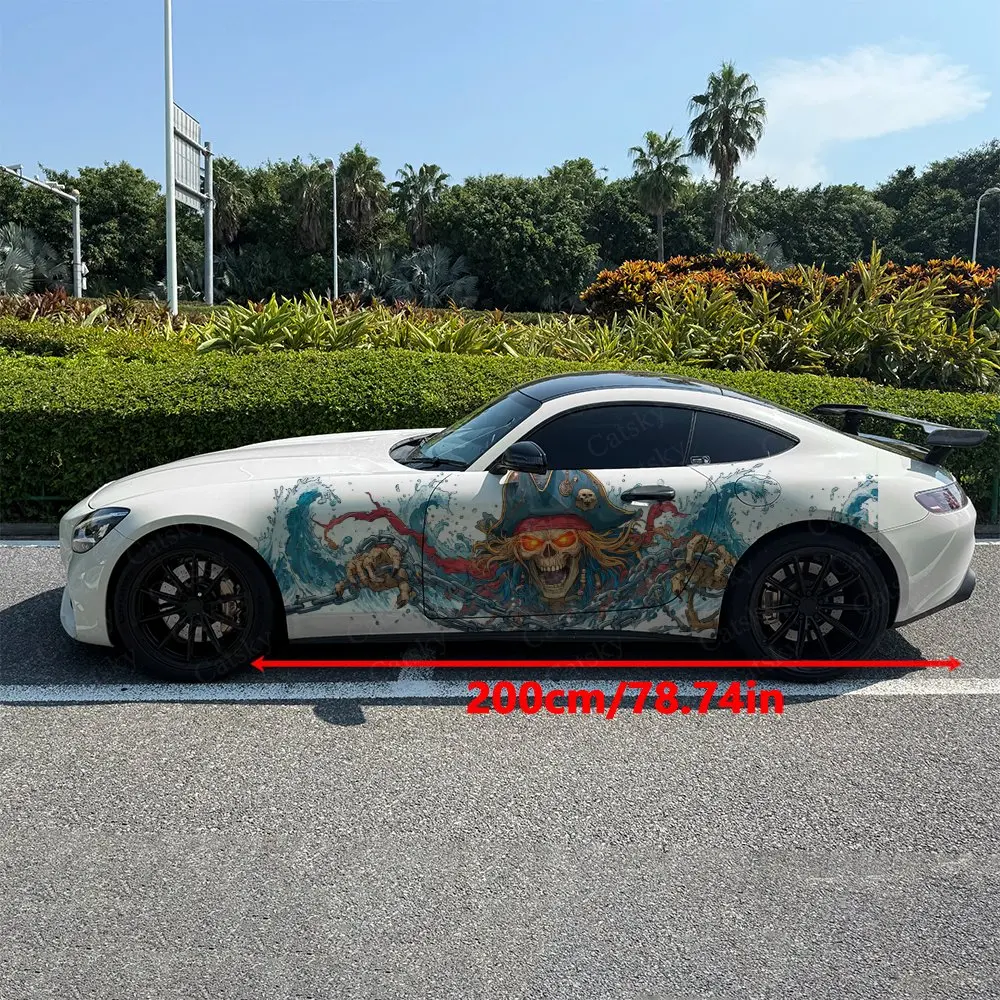 Chains On Waves Pirate Skull Car Side Wraps, Self-Adhesive PVC Waterproof & Scratch-Resistant Stickers, Car Accessory Gift