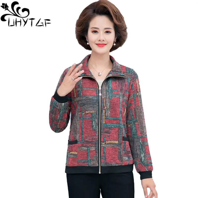 

UHYTGF Trench Coat Women Print Middle-Aged Elderly Thin Spring Autumn Tops Outewear Female Short Windbreaker Ladies 5XL Size1989