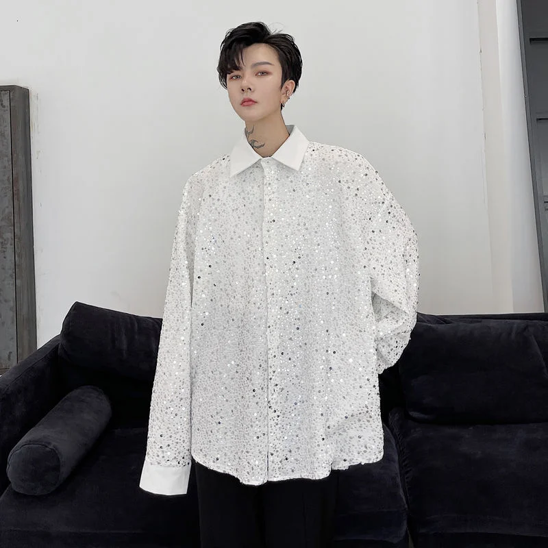 Autumn 2022 Sequin Decoration Men's Loose Long Sleeve Shirts Lapel Single Breasted Oversized Tops Black White Clothes Y2202