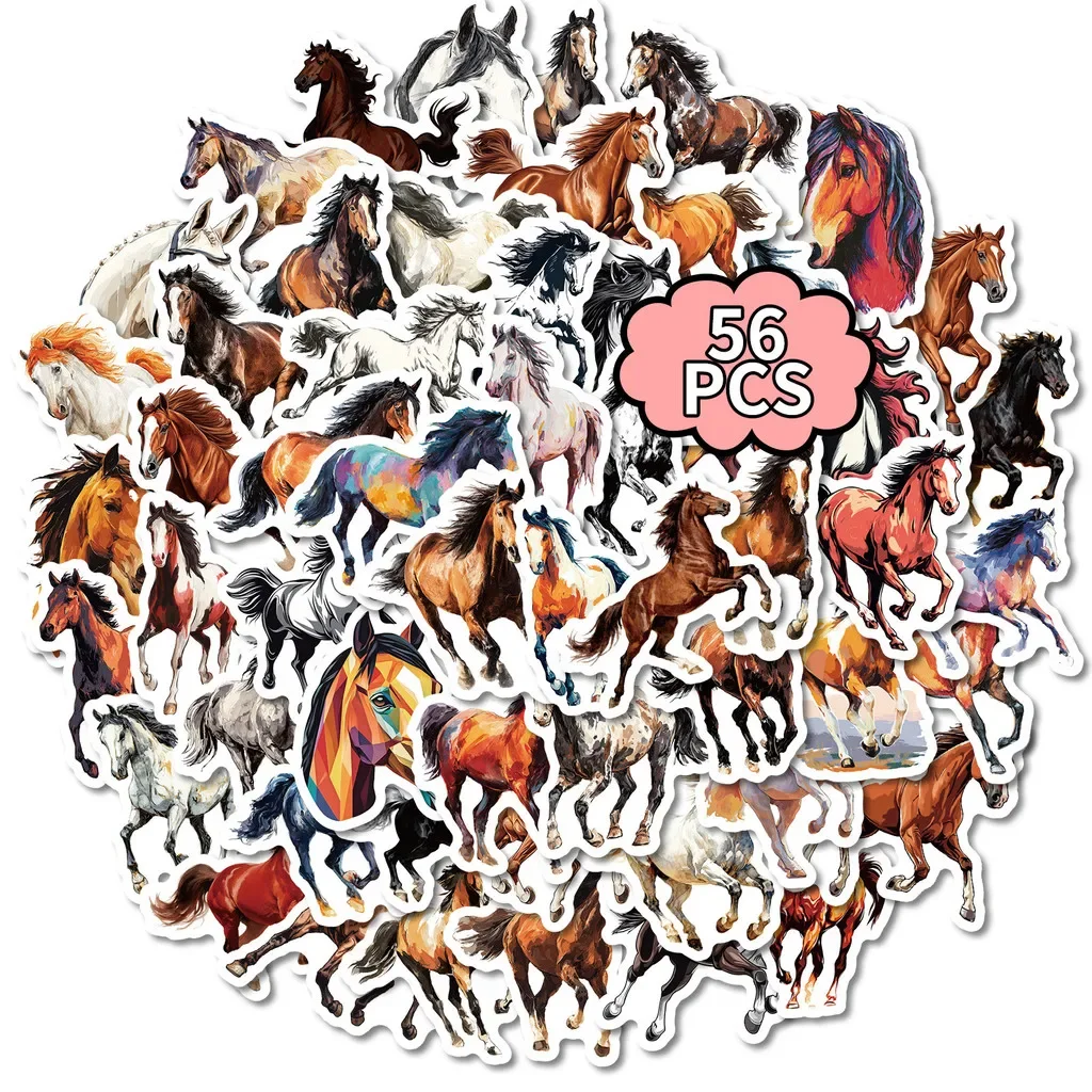 56Pcs Dynamic Galloping Horse Stickers, Oil Painting Style Steed Decals for Vintage Animal Journal DIY Decor Papery Pop Store