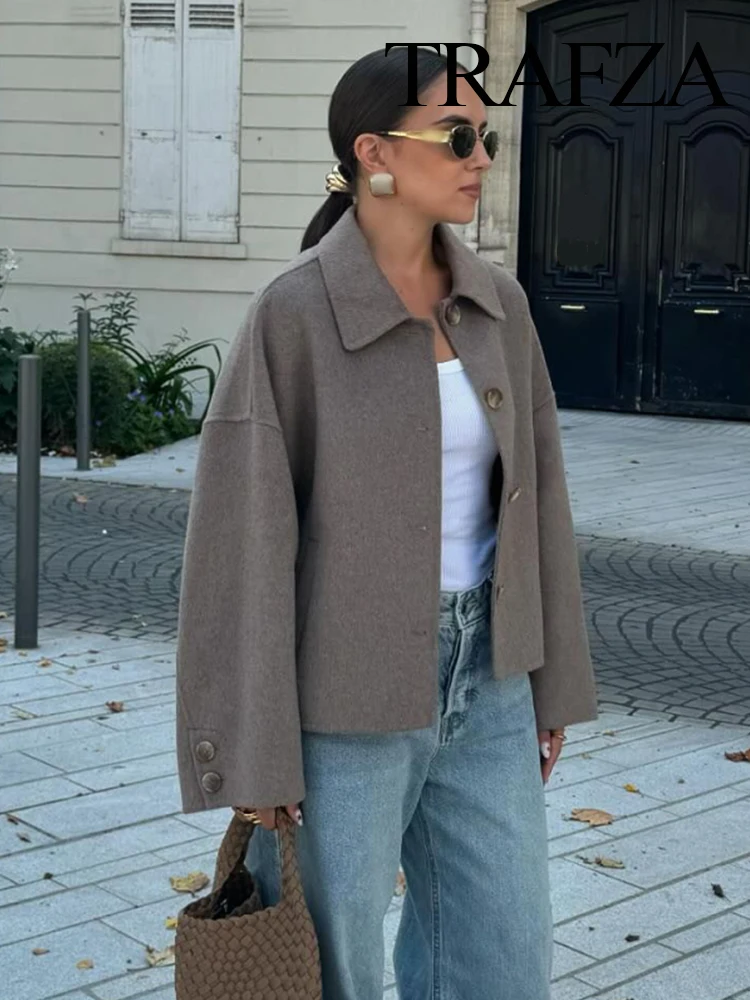 HH 2025 Mujer elegante sólido de un solo pecho solapa bolsillo decorar chaqueta suelta otoño Mujer manga larga abrigo corto Mujer