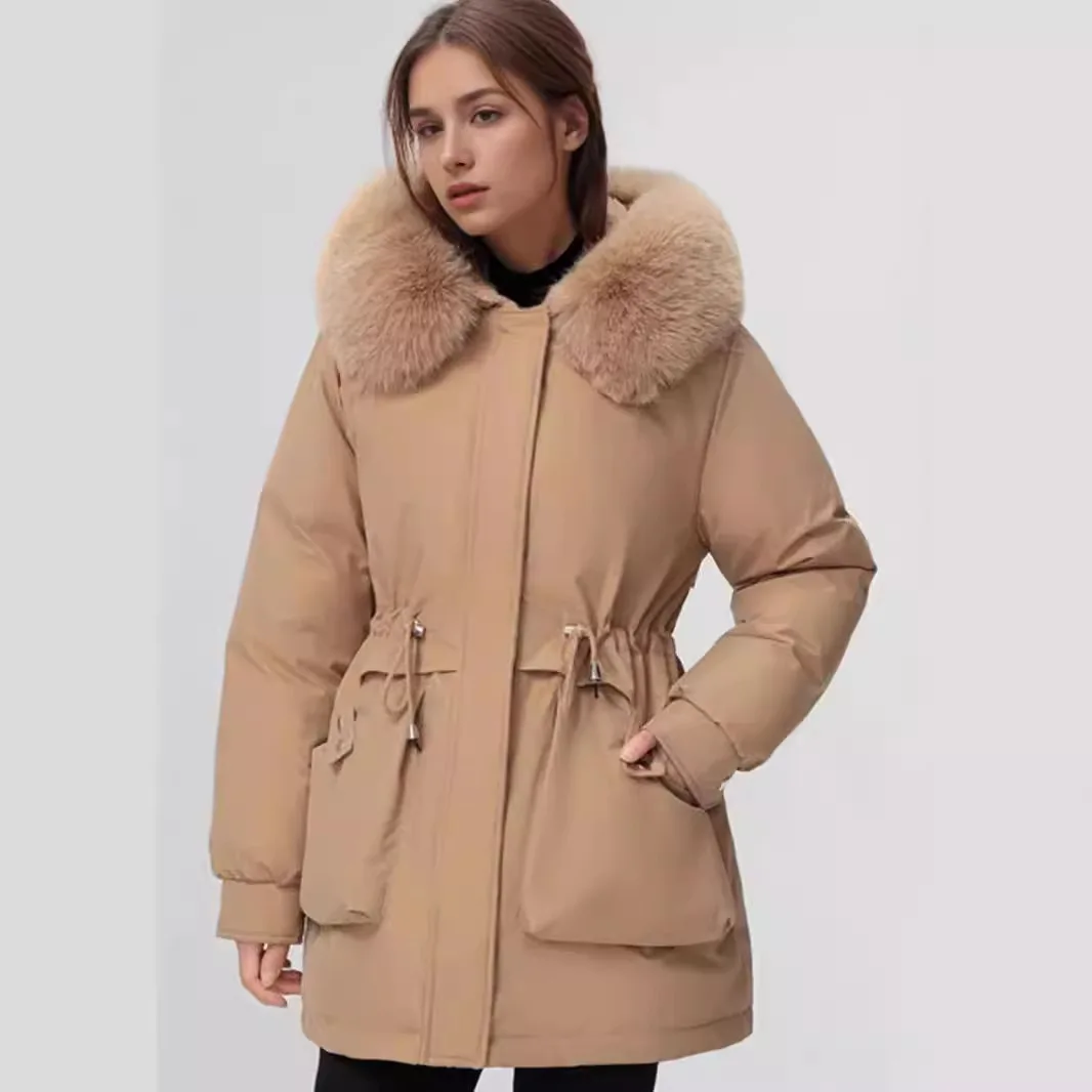 2024 Winter Women\'s Parkas Female Fur Collar Thicken Warm Cotton Padded Women\'s Long Waisted Plush Cotton Jacket For Women