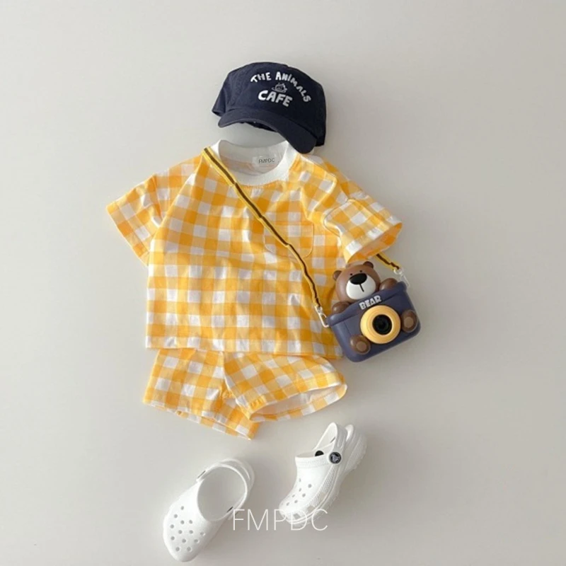 2Pcs Summer Kids Clothes  Baby Girls Boys Clothes Set O-neck Tees Heart Print T-shirt + Plaid Shorts Infant Suits Casual Toddler