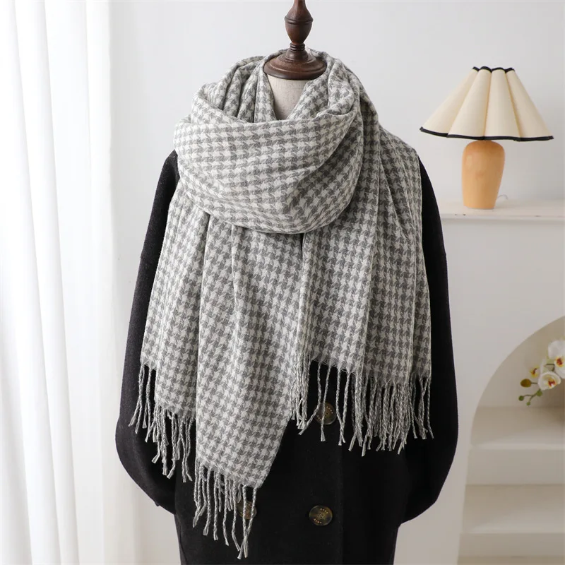 Houndstooth Imitation Cashmere Scarf Warm Neck Thickening Shawl Men Women Autumn Winter Popular Tassel Scarves Bufanda Blanket