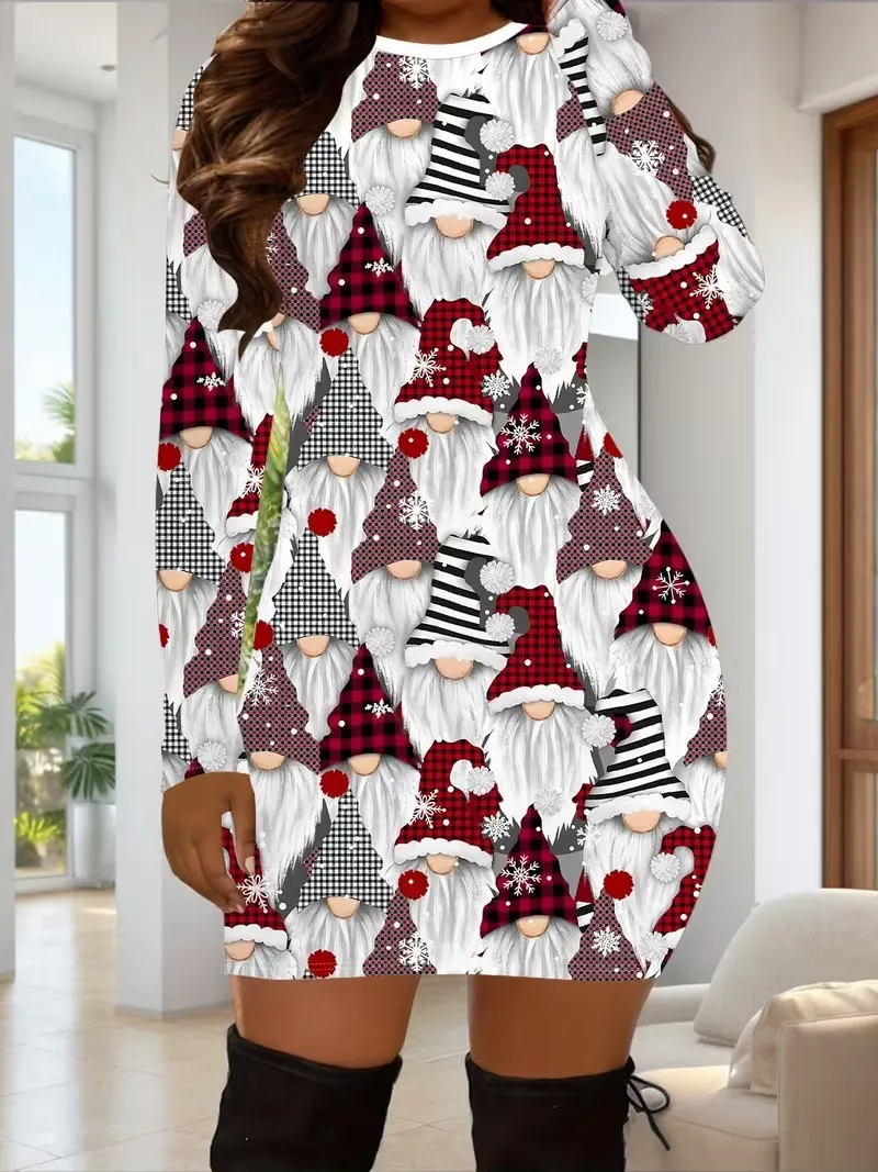 Christmas ladies' long sleeved tight fitting dress, New Year's 3D fashionable printed slim fit cute party women's clothing