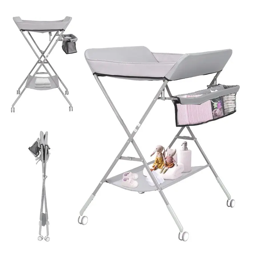 Changing Table for Baby, GIGYES Foldable Baby Changing Station with Wheels amp Adjustable Height, Large Storage Rack amp Shelf,