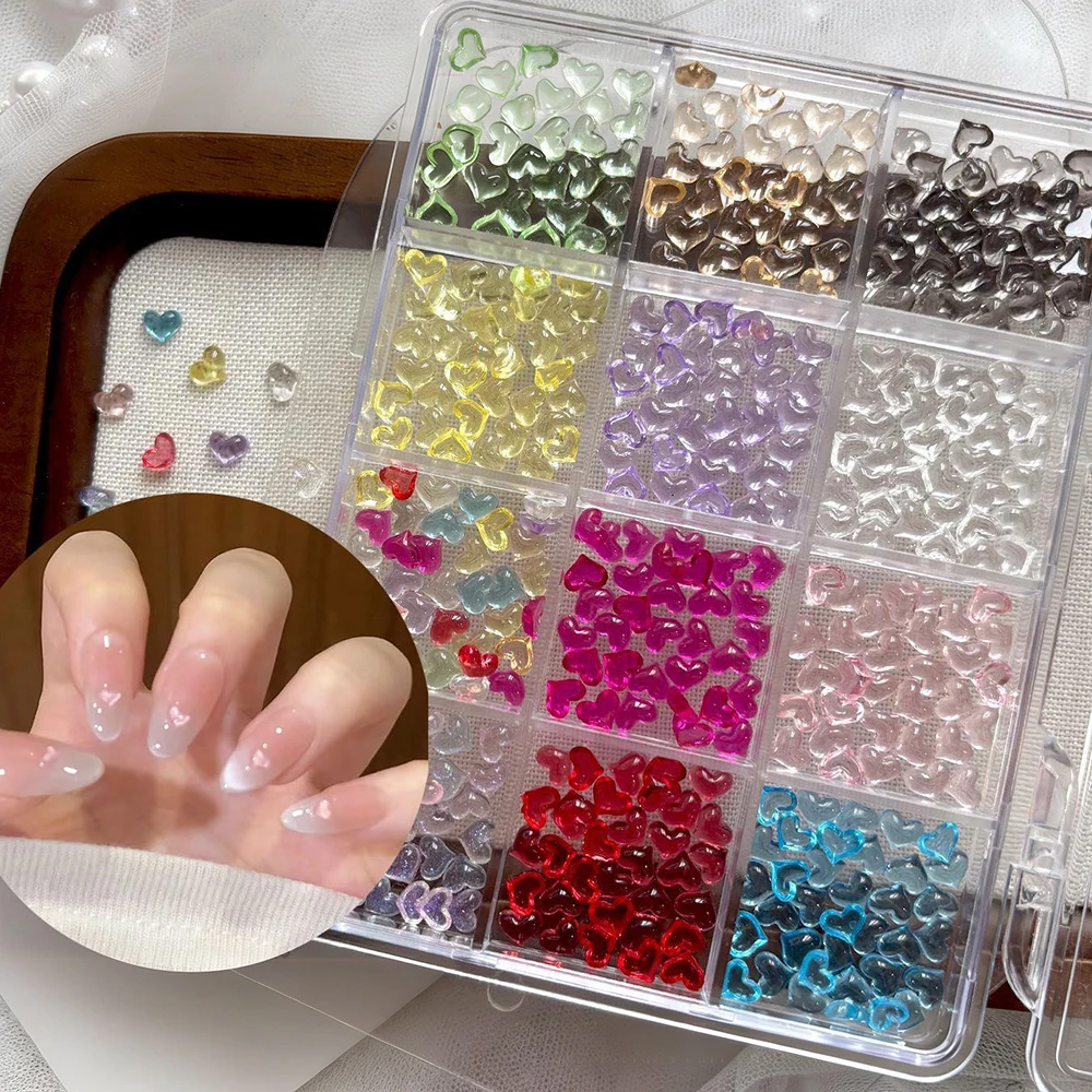 12-Grid Jelly Transparent Heart Nail Charms 3D Bright Color Crystal Heart Nail Art Accessories Kawaii FlatBack DIY Nail Supplies