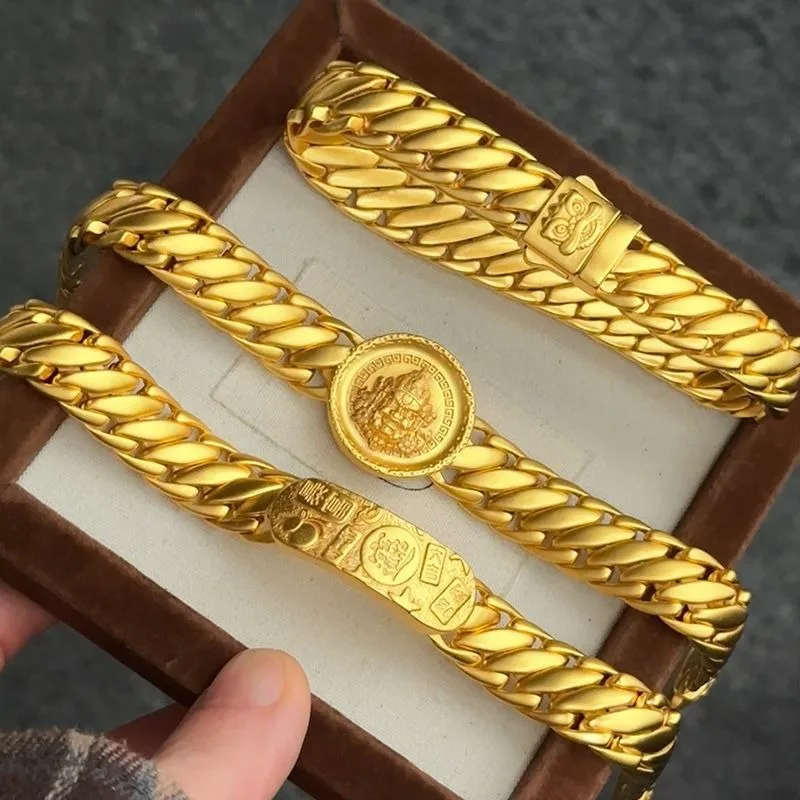 New Yellow God of Wealth Triple Whip Bracelet, Unisex New Chinese Style Lucky Wide Cuban Chain Fashion Jewelry