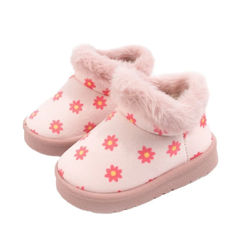 Winter New Children Floral Print Snow Boots Girls Cute Rabbit Fur Round Short Boots Baby Thicken Plush Warm Boots