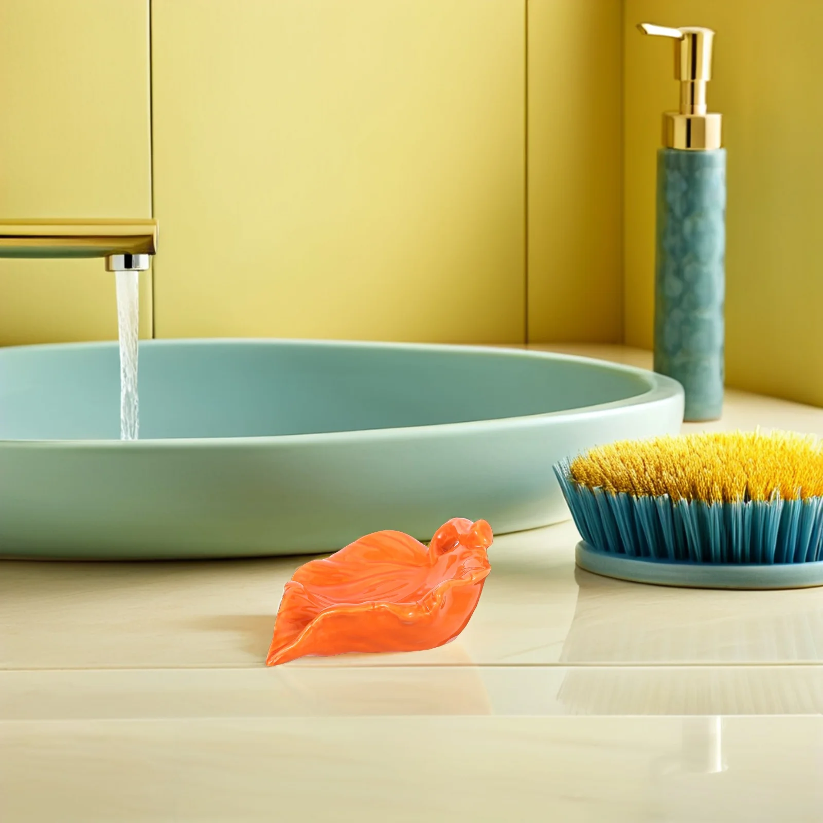 

Ceramic Leaf Shaped Soap Dish with Spout Orange Self Draining Tray for Bathroom Kitchen Sink Shower Soap Saver Plate Countertop