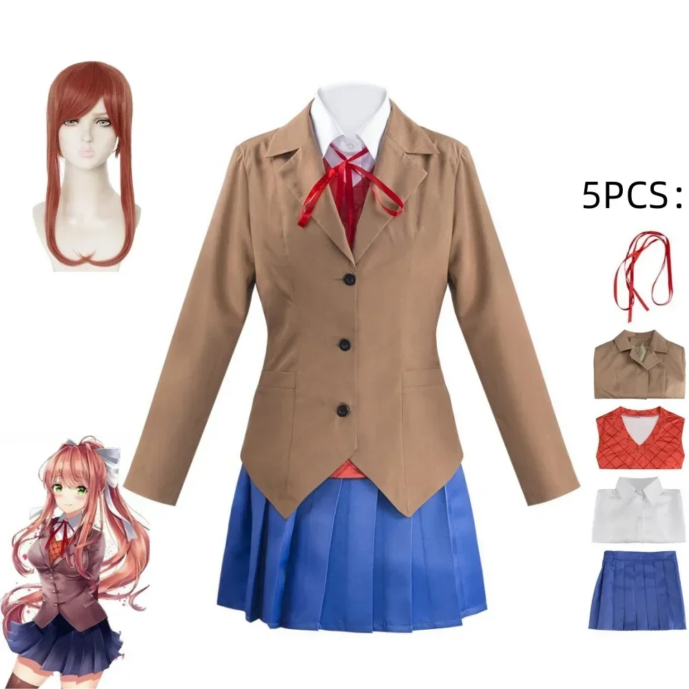 

Game Doki Doki Literature Club Monika Cosplay Costume Adult Women School Uniform Girl Coat Shirt Vest Skirt Suit Halloween Anime